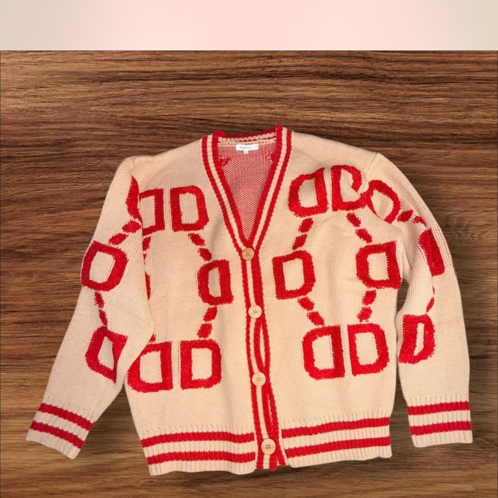 Immodel Cardigan Sweater Size L Red‎ Cream Pattern Button Front Cozy Chic - Picture 3 of 6